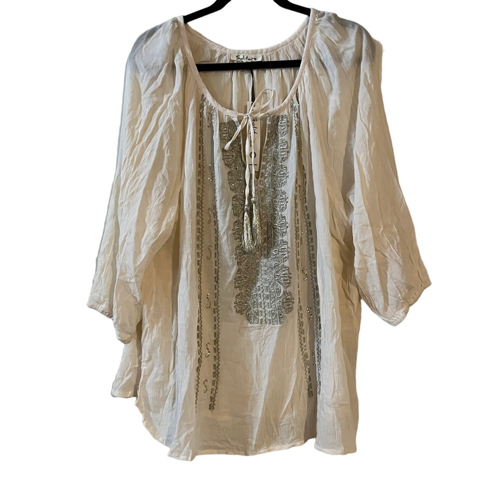 Solitaire Women’s Pink Peasant Blouse Silver Embroidery  1X